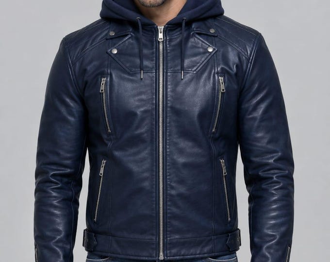 Men's Navy Blue Lambskin Hooded Biker Jacket – Casual Moto Coat, Gift for Him