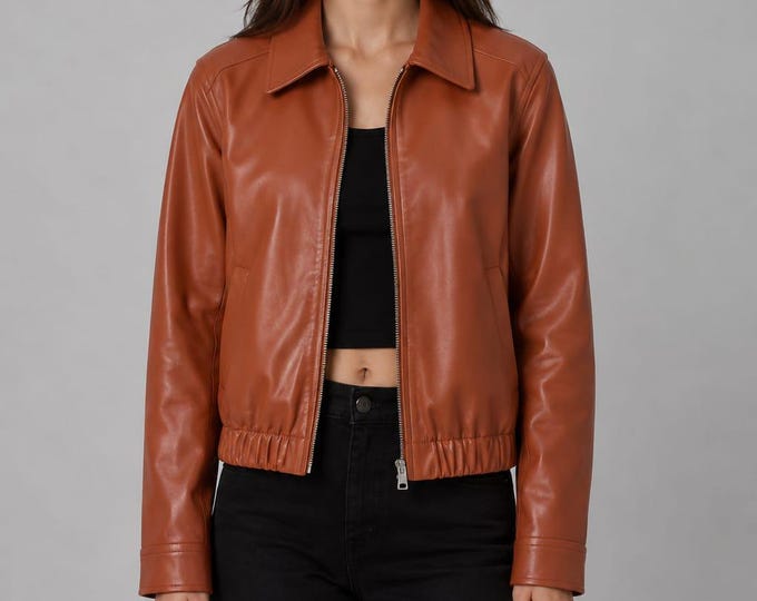 Women's Tan Lambskin Bomber Jacket – Shirt Collar Cognac Zip Coat, Gift for Her