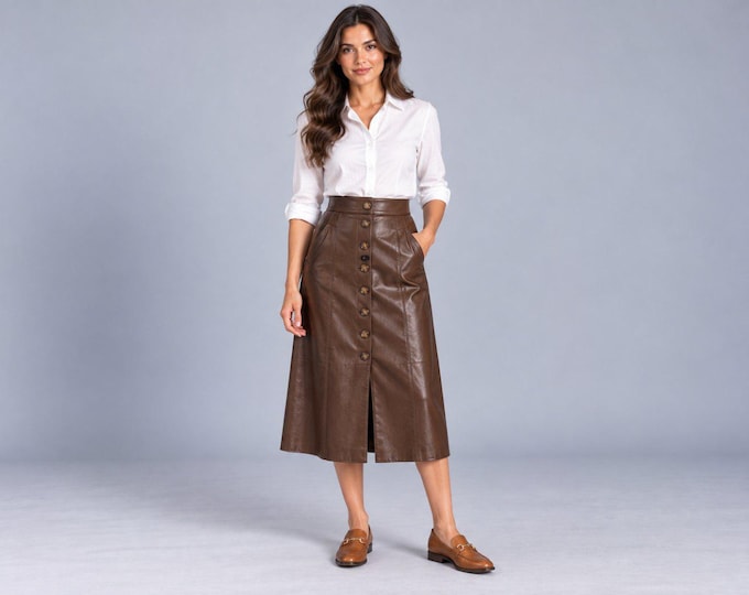 Women's Brown Leather Button Front Midi Skirt, A-Line Lambskin Skirt, Gift for Her
