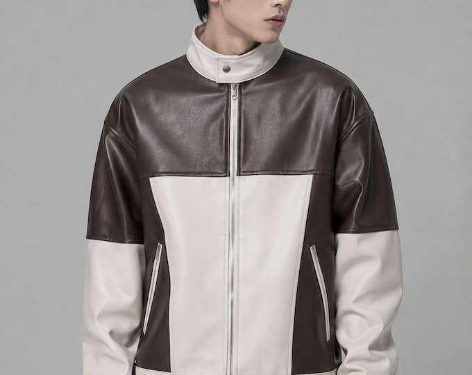 Men's Brown Cream Leather Bomber Jacket – Two Tone Stand Collar Coat, Gift for Him