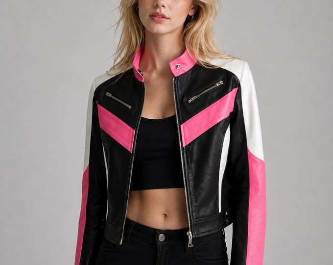 Women's Black Pink Leather Racing Jacket – Colorblock Moto Coat, Handmade Gift for Her