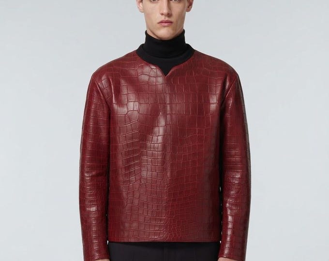 Men's Maroon Real Leather Crocodile Embossed Pullover Jacket – Slim Fit Handmade Outerwear