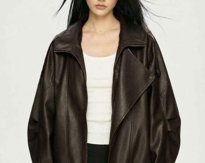 Women's Brown Lambskin Leather Bomber Jacket – Slim Fit Genuine Handmade Oversized Coat