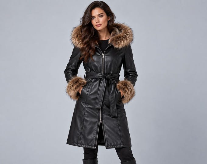 Women's Black Long Leather Coat with Faux Fur Hood and Cuffs, Winter Parka