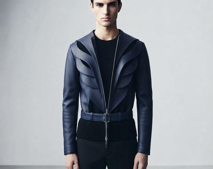 Men's Blue Lambskin Leather Biker Jacket – Slim Fit Genuine Handmade Motorcycle Coat