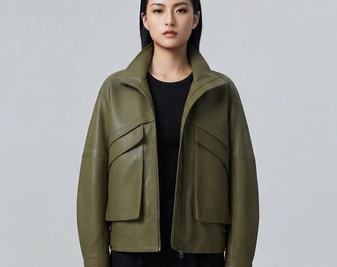 Women's Olive Leather Harrington Jacket – Utility Field Cargo Pocket Coat, Gift for Her