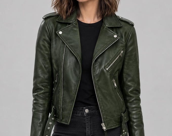Women's Green Lambskin Leather Biker Jacket – Slim Fit Genuine Handmade Motorcycle Coat