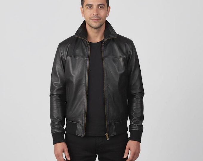Men's Black Lambskin Bomber Jacket – Ribbed Hem Aviator Flight Coat, Gift for Him