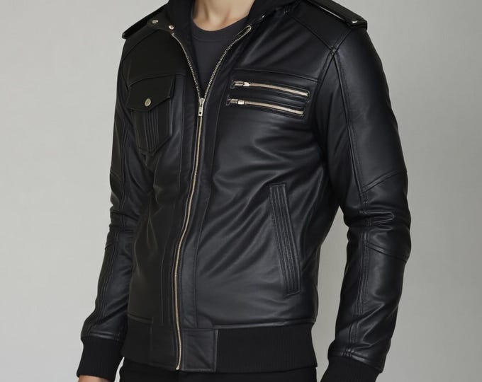 Men's Black Leather Bomber Jacket – Zip Chest Pockets Stand Collar Coat, Gift for Him