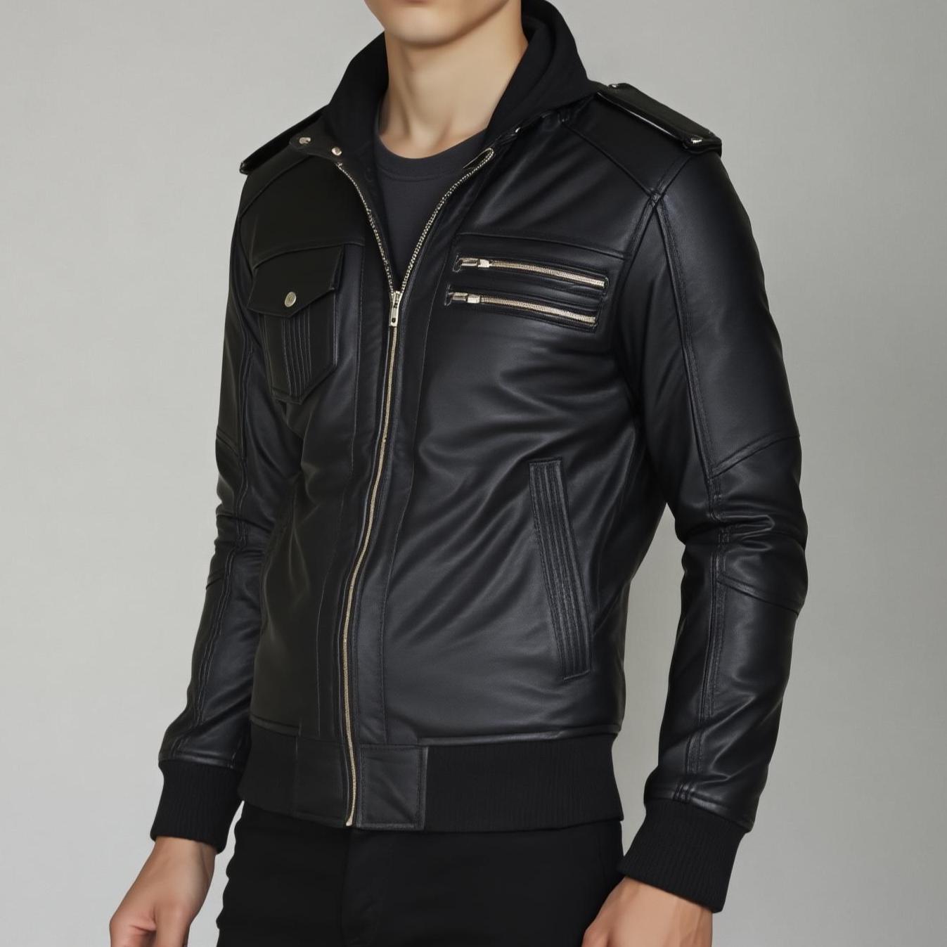 ブラックレザー ボンバージャケット　フード付き ハンドメイド ブラックレザー フード付きボンバージャケット - メンズ