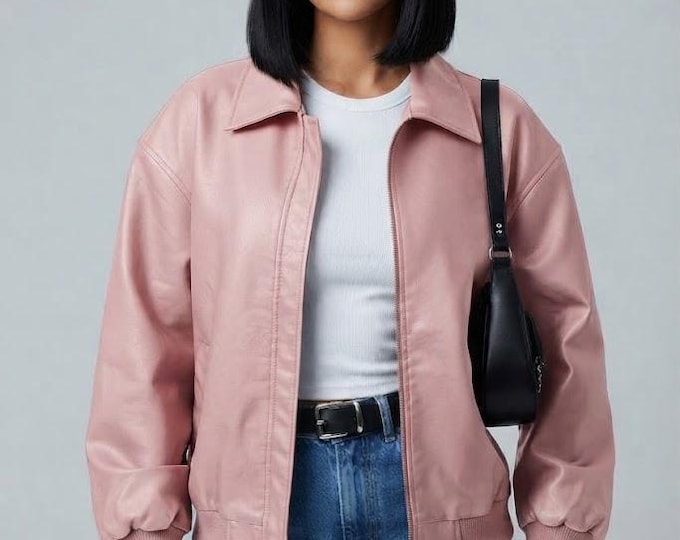 Women's Pink Nappa Leather Coat – Slim Fit Genuine Handmade Zip Outerwear