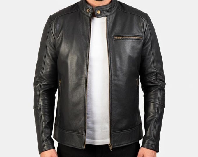 Men's Black Lambskin Cafe Racer Jacket – Snap Collar Slim Moto Coat, Gift for Him
