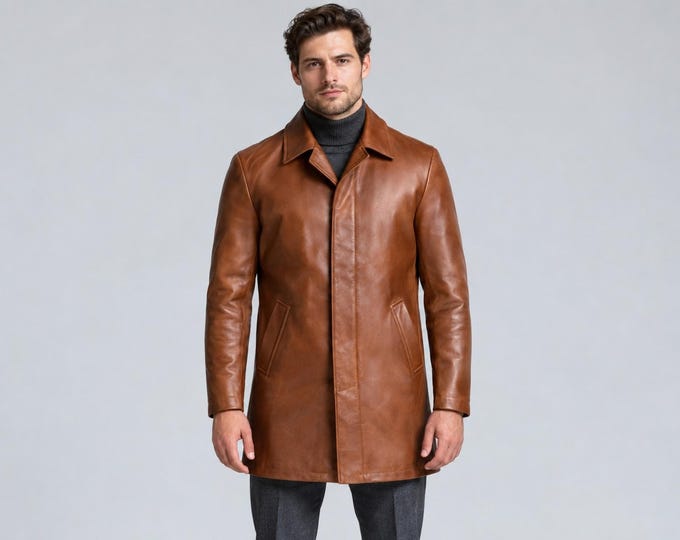 Men's Cognac Leather Car Coat, Mid Length Lambskin Overcoat with Concealed Buttons