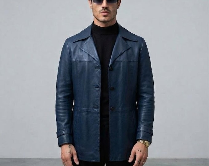 Men's Blue Nappa Leather Coat – Slim Fit Genuine Handmade Buttoned Outerwear