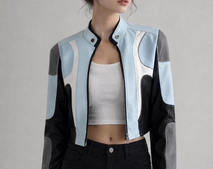 Women's Light Blue Leather Racing Jacket – Colorblock Moto Coat, Handmade Gift for Her