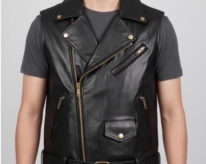 Men's Black Leather Biker Vest – Asymmetric Zip Belted Motorcycle Waistcoat, Gift for Him
