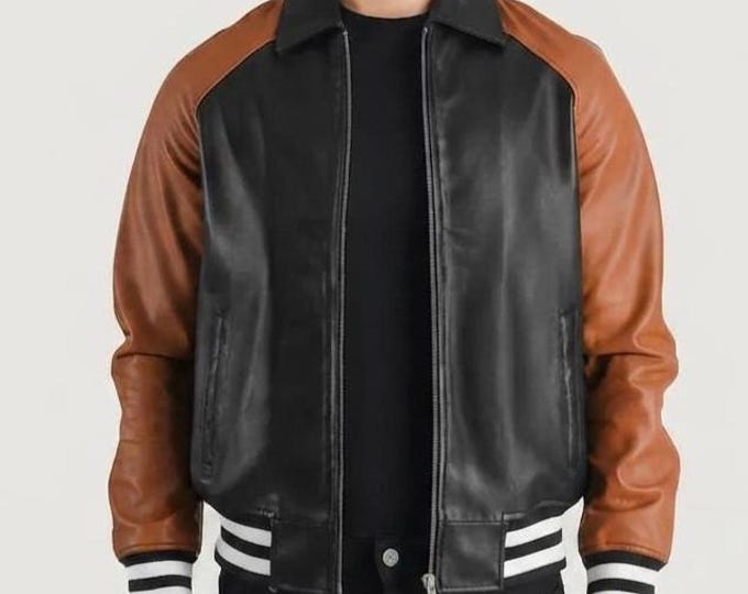Men's Black Brown Leather Varsity Jacket – Two Tone Letterman Bomber Coat, Gift for Him