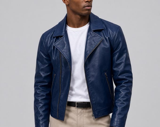 Men's Blue Lambskin Leather Biker Jacket – Slim Fit Genuine Handmade Motorcycle Coat