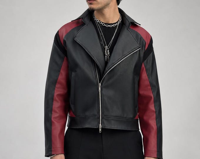 Men's Black Red Leather Biker Jacket – Two Tone Belted Moto Coat, Gift for Him