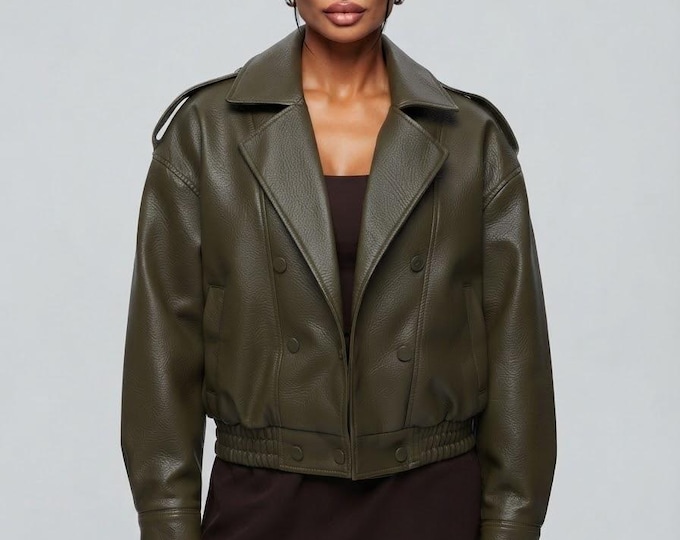 Women's Olive Leather Biker Jacket – Double Breasted Wide Lapel Cropped Coat, Gift for Her