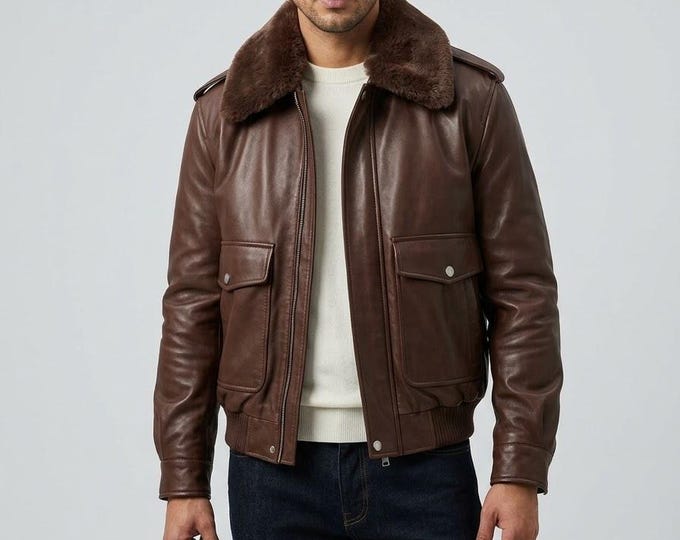 Men's Brown Leather Aviator Bomber Jacket – Shearling Collar Winter Flight Coat, Gift for Him