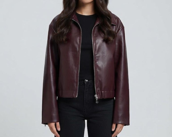 Women's Maroon Nappa Leather Coat – Slim Fit Genuine Handmade Zip Outerwear