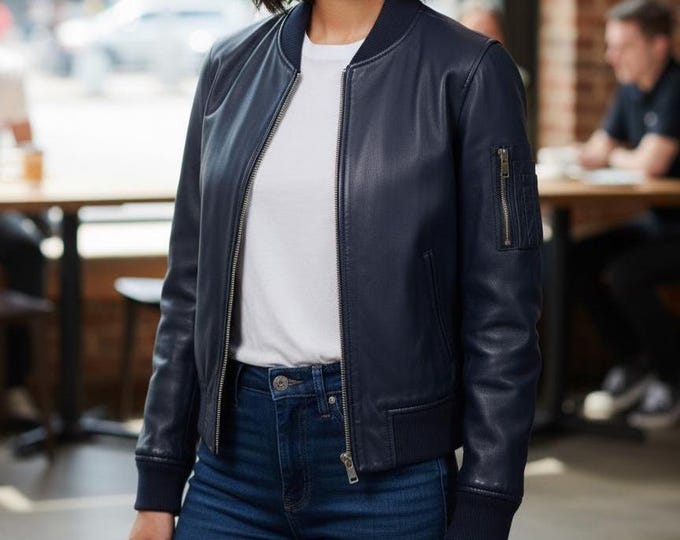 Women's Navy Lambskin Leather Bomber Jacket – Slim Fit Sleeve Zip Coat, Gift for Her