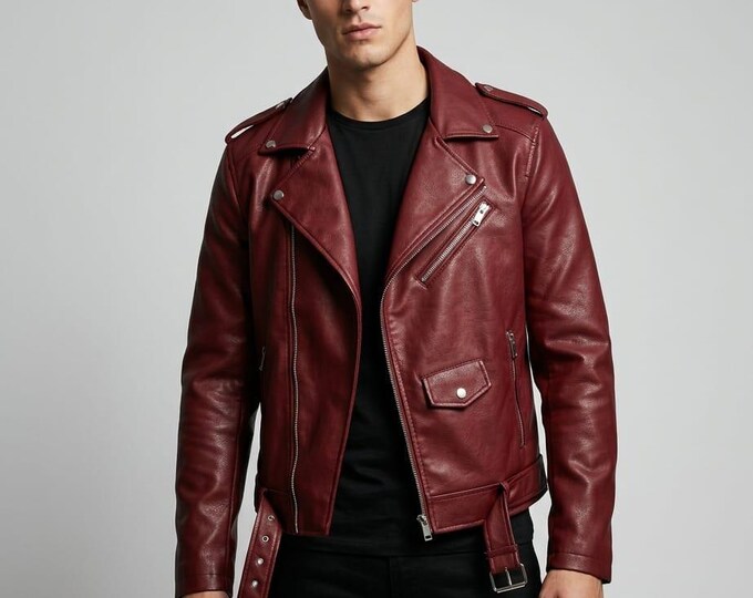 Men's Burgundy Leather Biker Jacket – Belted Asymmetric Moto Coat, Handmade Gift for Him