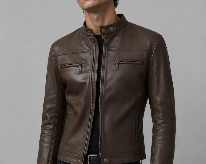 Men's Brown Cowhide Leather Cafe Racer Jacket – Paneled Moto Coat, Handmade Gift for Him