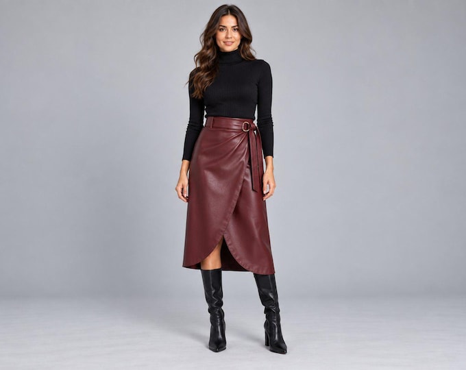 Women's Burgundy Leather Wrap Midi Skirt, Tie Belt Lambskin Skirt, Gift for Her