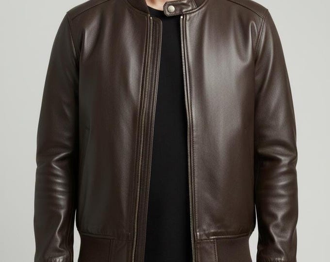 Men's Dark Brown Leather Bomber Jacket – Rib Collar Flight Coat, Gift for Him