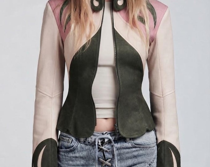 Women's Green Suede Leather Jacket – Vintage Multi Tone Panel Coat, Gift for Her