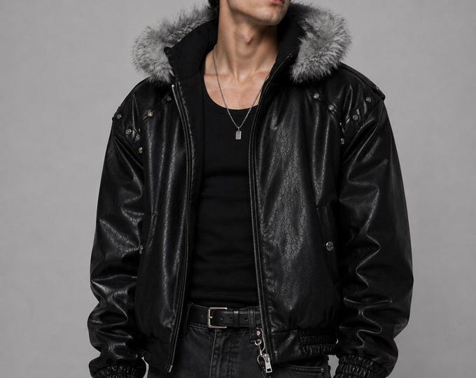 Men's Black Lambskin Bomber Jacket – Detachable Faux Fur Hood Winter Coat, Gift for Him