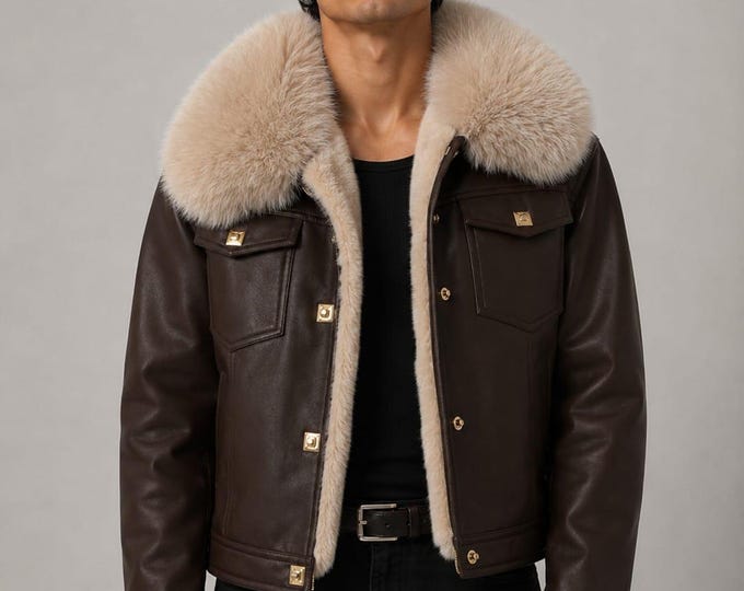 Men's Brown Genuine Leather Trucker Jacket Fur Collar Slim Fit Motorcycle Vintage Handmade Coat