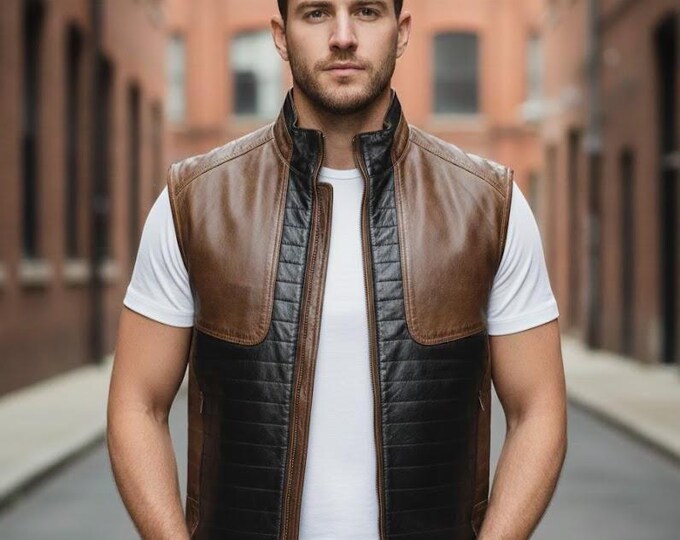 Men's Brown Black Two Tone Leather Biker Vest – Motorcycle Waistcoat, Handmade Gift for Him