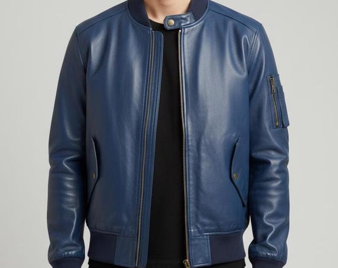 Men's Navy Blue Leather Bomber Jacket – MA-1 Style Flight Coat, Gift for Him