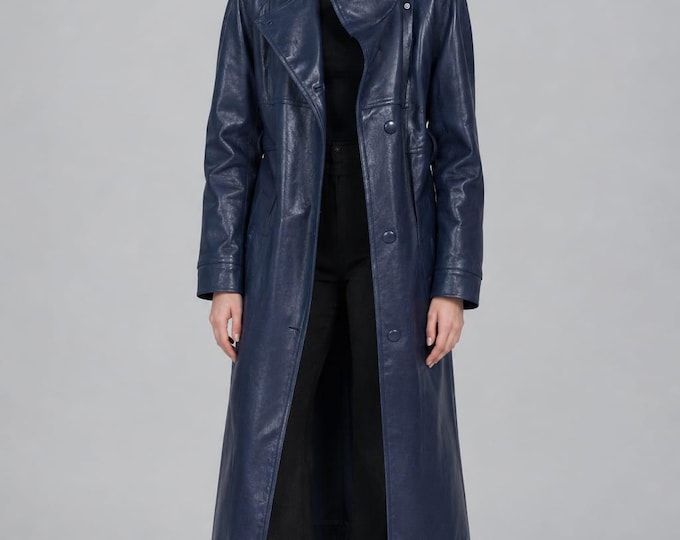 Women's Blue Lambskin Leather Trench Coat – Slim Fit Genuine Handmade Long Outerwear