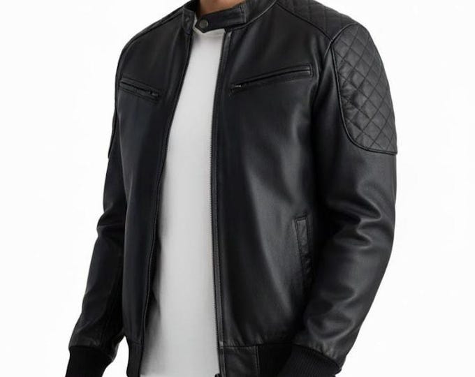 Men's Black Quilted Leather Bomber Jacket – Genuine Flight Coat, Handmade Gift for Him