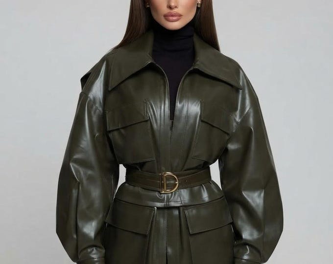 Women's Green Lambskin Leather Trench Coat – Slim Fit Genuine Handmade Belted Outerwear