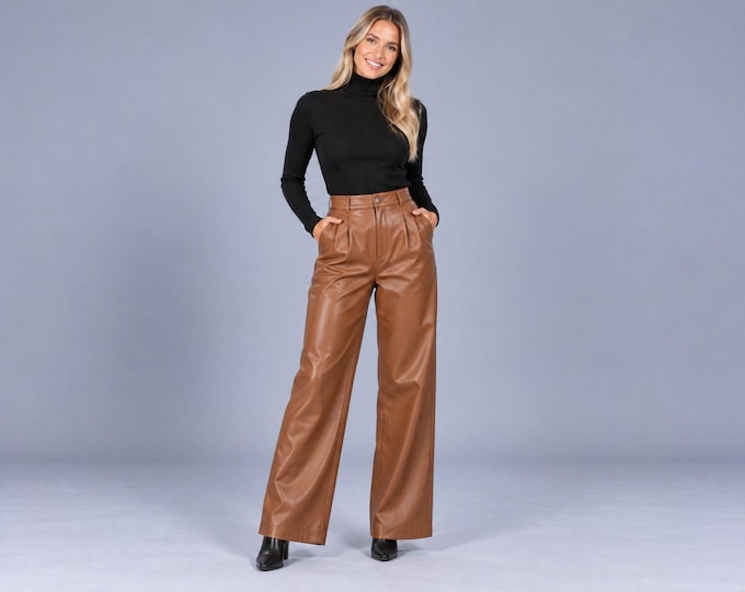 Women's Cognac Leather Wide Leg Pants, High Waist Pleated Lambskin Trousers, Gift for Her