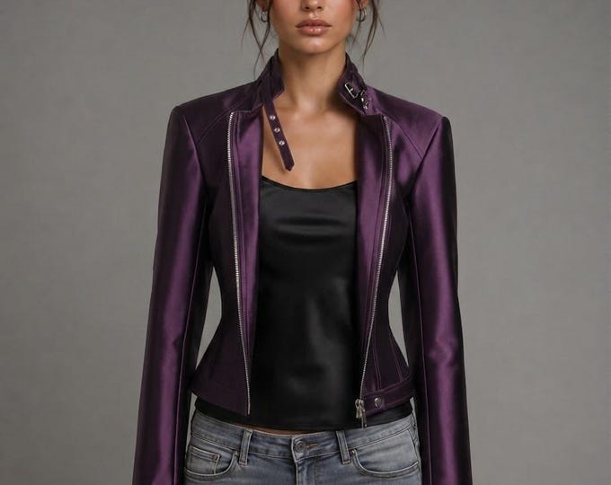 Women's Purple Genuine Leather Biker Jacket – Slim Fit Motorcycle Moto Fashion CoatWomen's Purple Genuine Leather