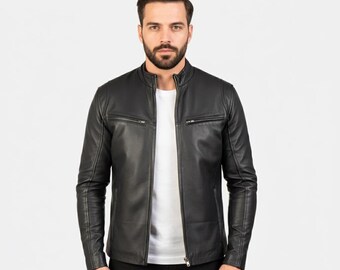 プレミアムメンズブラック本革キルティングファッションジャケット