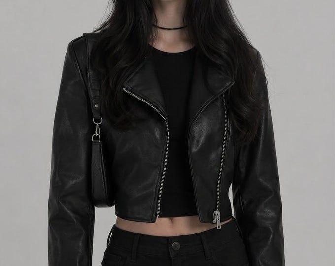 Women's Black Leather Cropped Biker Jacket – Notched Lapel Asymmetric Moto Coat, Gift for Her