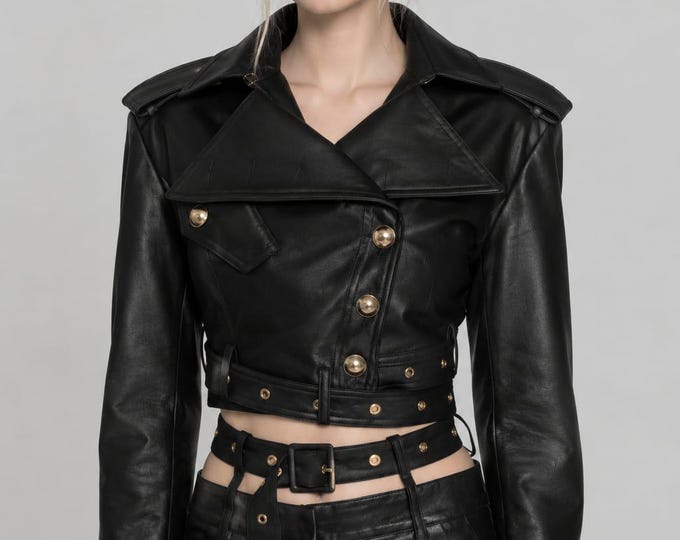 Women's Black Lambskin Biker Jacket – Double Breasted Belted Moto Coat, Gift for Her