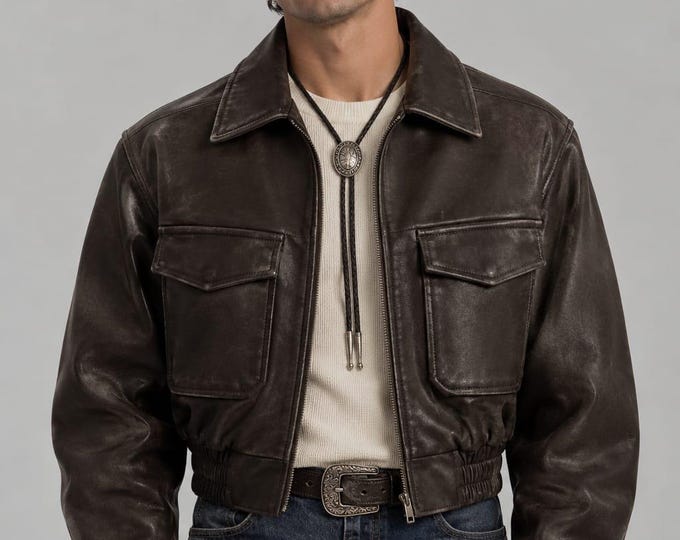 Men's Brown Leather Western Jacket – Trucker Cowboy Riding Coat, Handmade Gift for Him