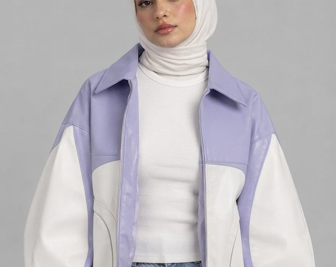 Women's Lavender Leather Bomber Jacket – Two Tone Purple Handmade Coat, Gift for Her