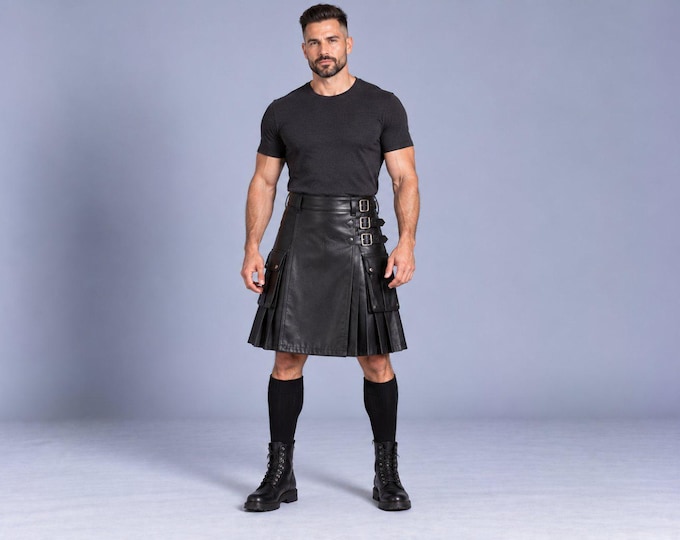 Men's Black Leather Utility Kilt, Cargo Pocket Pleated Lambskin Kilt, Gift for Him