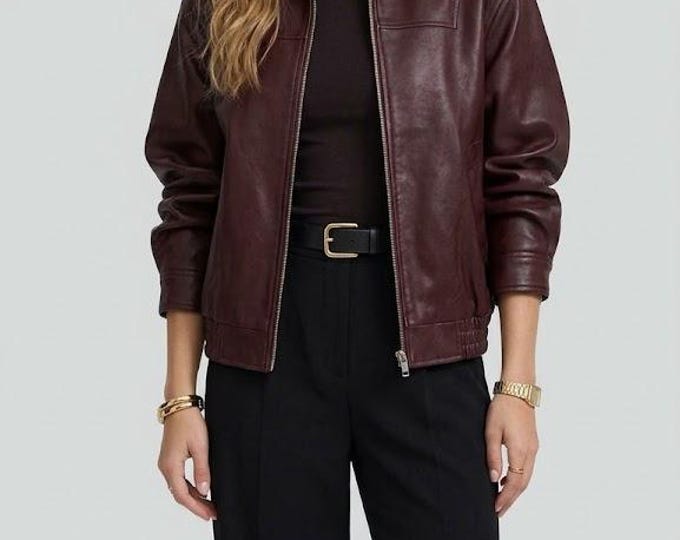 Women's Maroon Lambskin Leather Bomber Jacket – Slim Fit Genuine Handmade Casual Coat
