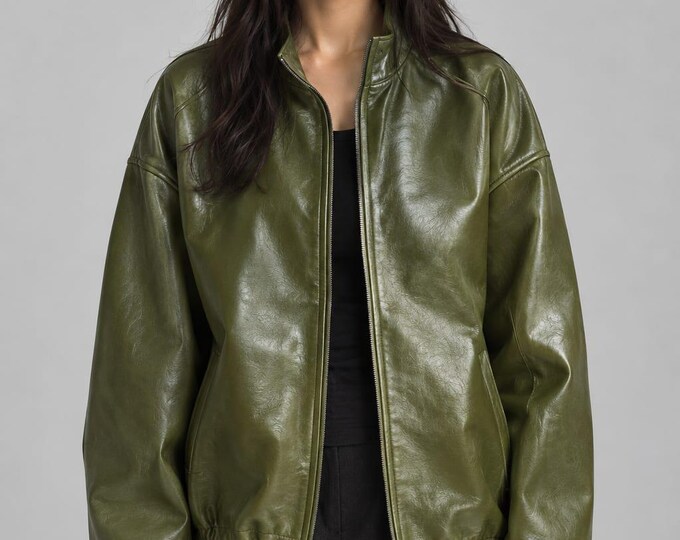 Women's Olive Green Leather Jacket – Oversized Stand Collar Streetwear Coat, Gift for Her