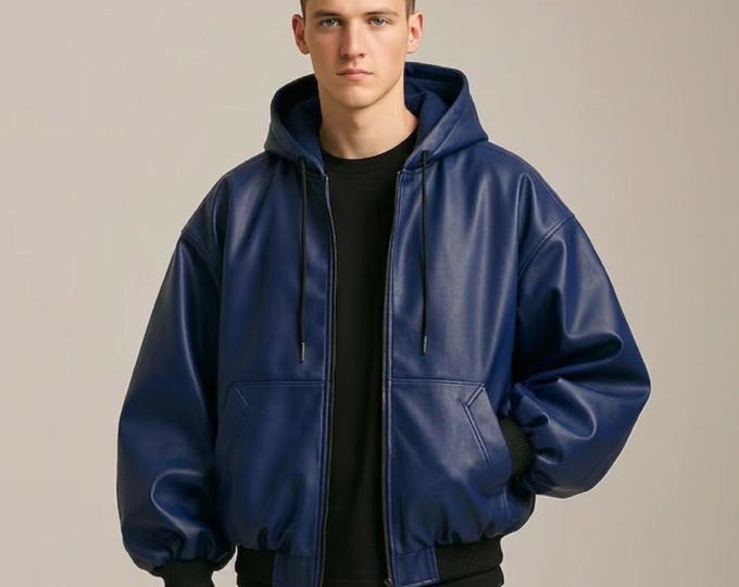 Men's Blue Lambskin Leather Bomber Jacket – Slim Fit Genuine Handmade Hooded Coat